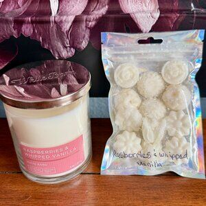 NEW 2-Pc Single Wick Candle & Candle Wax Melts RASPBERRIES & WHIPPED VANILLA